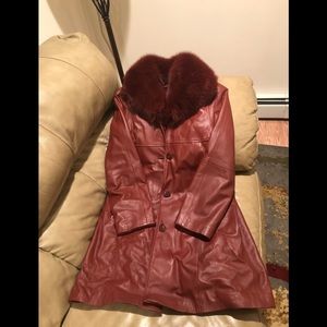 Genuine leather coat with real fox fur collar